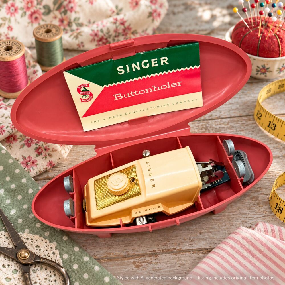 Vintage Singer Buttonholer Pink Case 1960s Sewing Accessory Templates and Manual